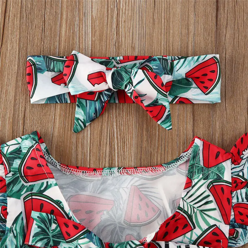 

Newborn Baby Girl Clothes Watermelon Print Fly Sleeve Top Shorts Headband Bowknot Lace Shorts Skirt Summer 3Pcs Outfit
