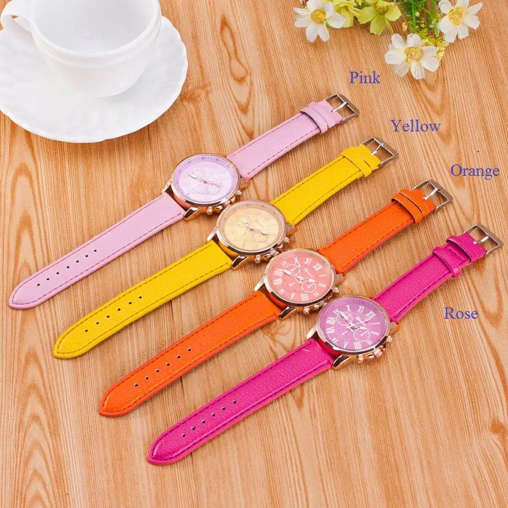 

Hot sales Unisex Geneva Leather PU Quartz Alloy Dial Watches Men Women fashion casual Roma Mens Watch Casual dress rose gold