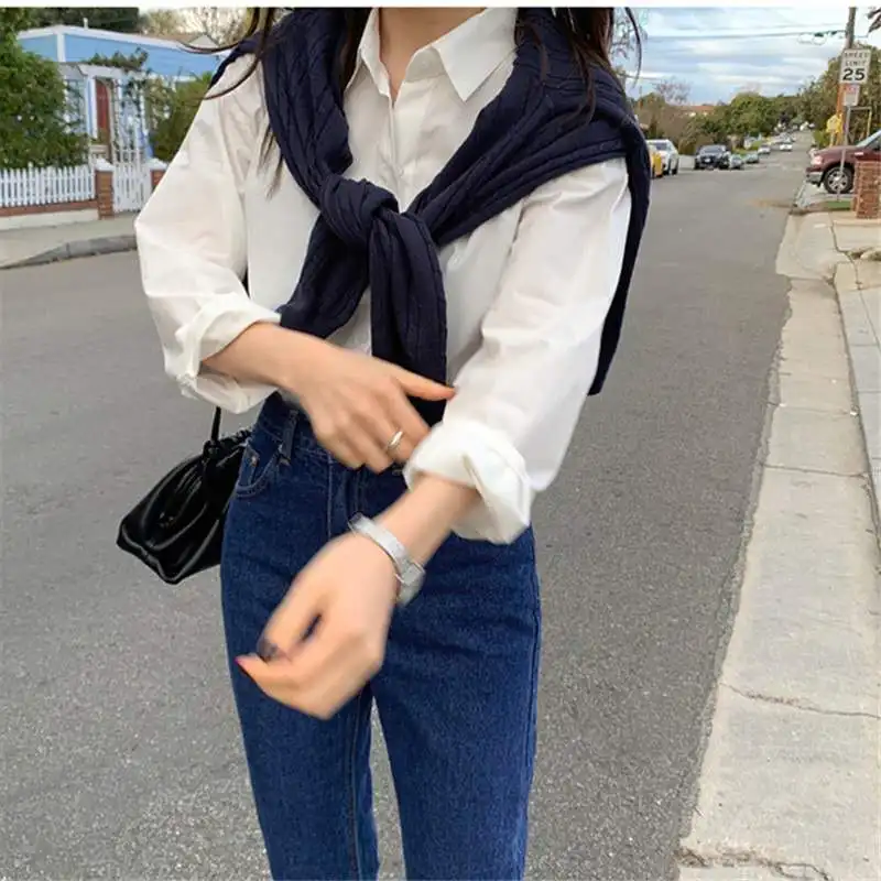 

Fashion Blouses Women's Top Comfortable Casual Korean ShirtNew Long-sleeved Blouse Solid Color Cotton Blend Temperament