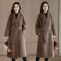 2019 winter office lady belt women long winter wool blend coat turn down collar wool coat and jacket loose solid outerwear