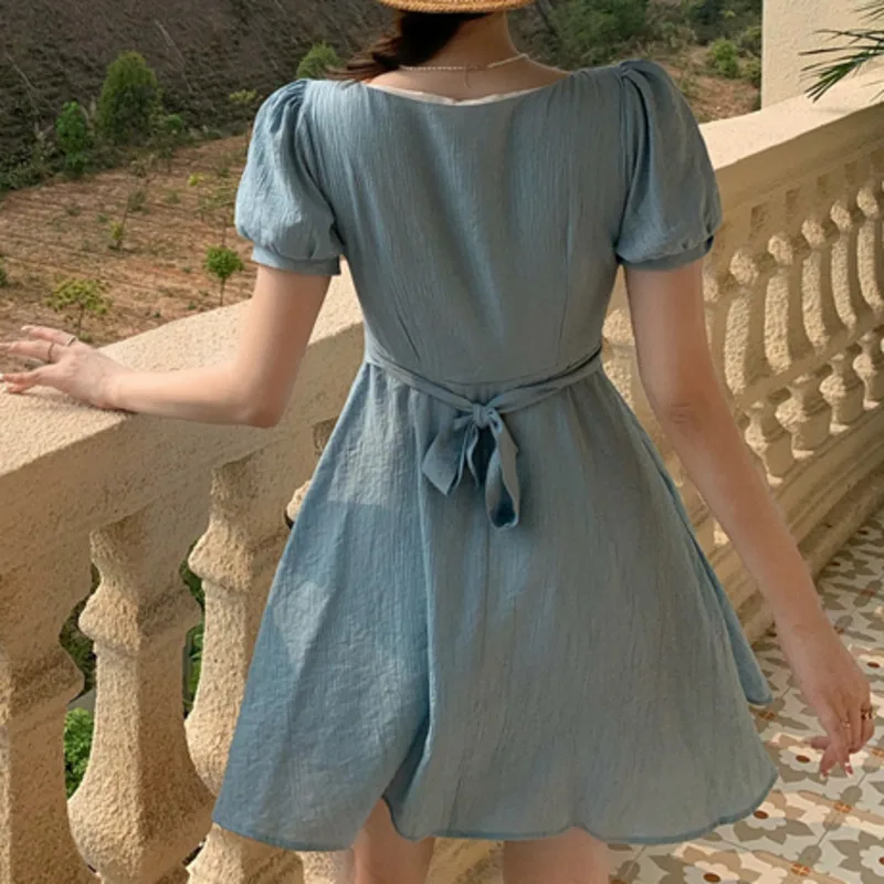 

Elegant Slim Waist Short Sleeve Solid Beach Party Mini Dress Summer Simple Sexy Fashion Womens Vestidos 2021 Chiffon Dresses New