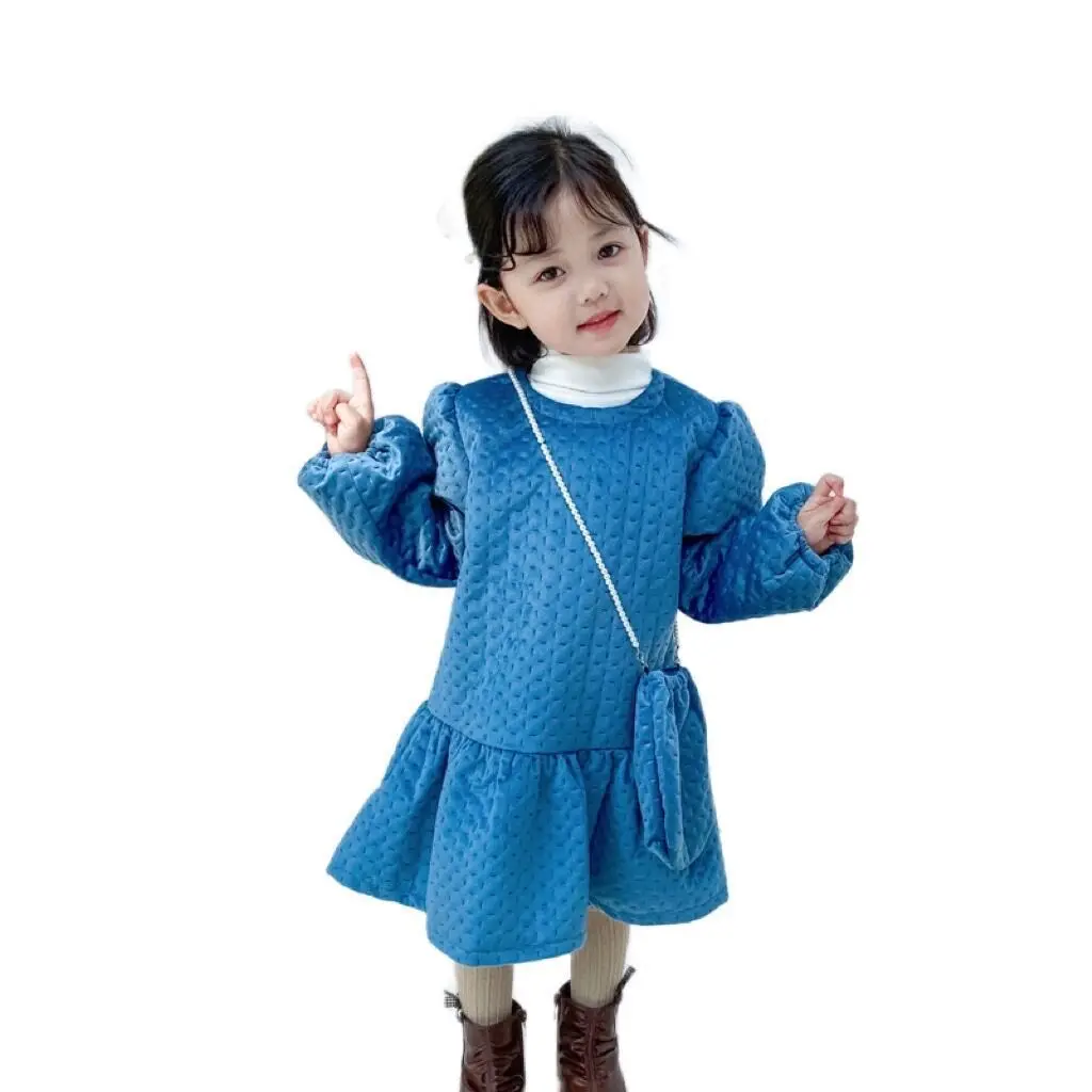 

Winter Girls' Dresses New Casual Pure Color Puff Sleeve Thicken Warm Elegant Princess Dress Ball Gown Party Dresses 1-6 Years