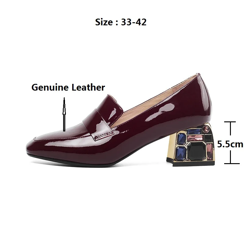 

Shiny Real Cow Leather Pumps for Women Woman Gemstone Heels Sqaure Toe Party Shoes Ladies Thick Block Heels Shallow Shoes Autumn