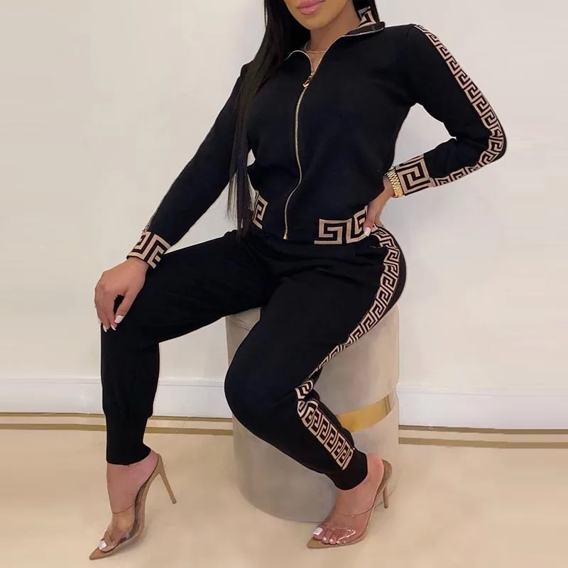 

Plus Size 2-Piece Set Women 2021 Autumn Fashion Long Sleeve Zip Tracksuits Elegant Greek Fret Print Coat & Pant Joggers Sets