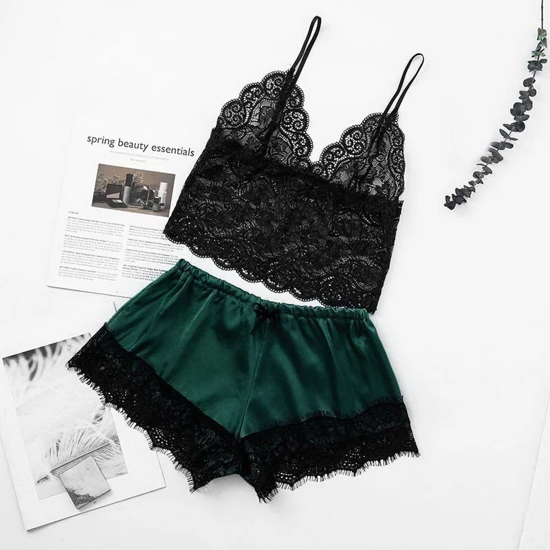 

2Pcs/Sets Sexy Women Lingerie Silk Satin Lace Sleepwear Bra Camisole+Shorts Pajama Set Ladies Sleeveless Nightgown S-2XL