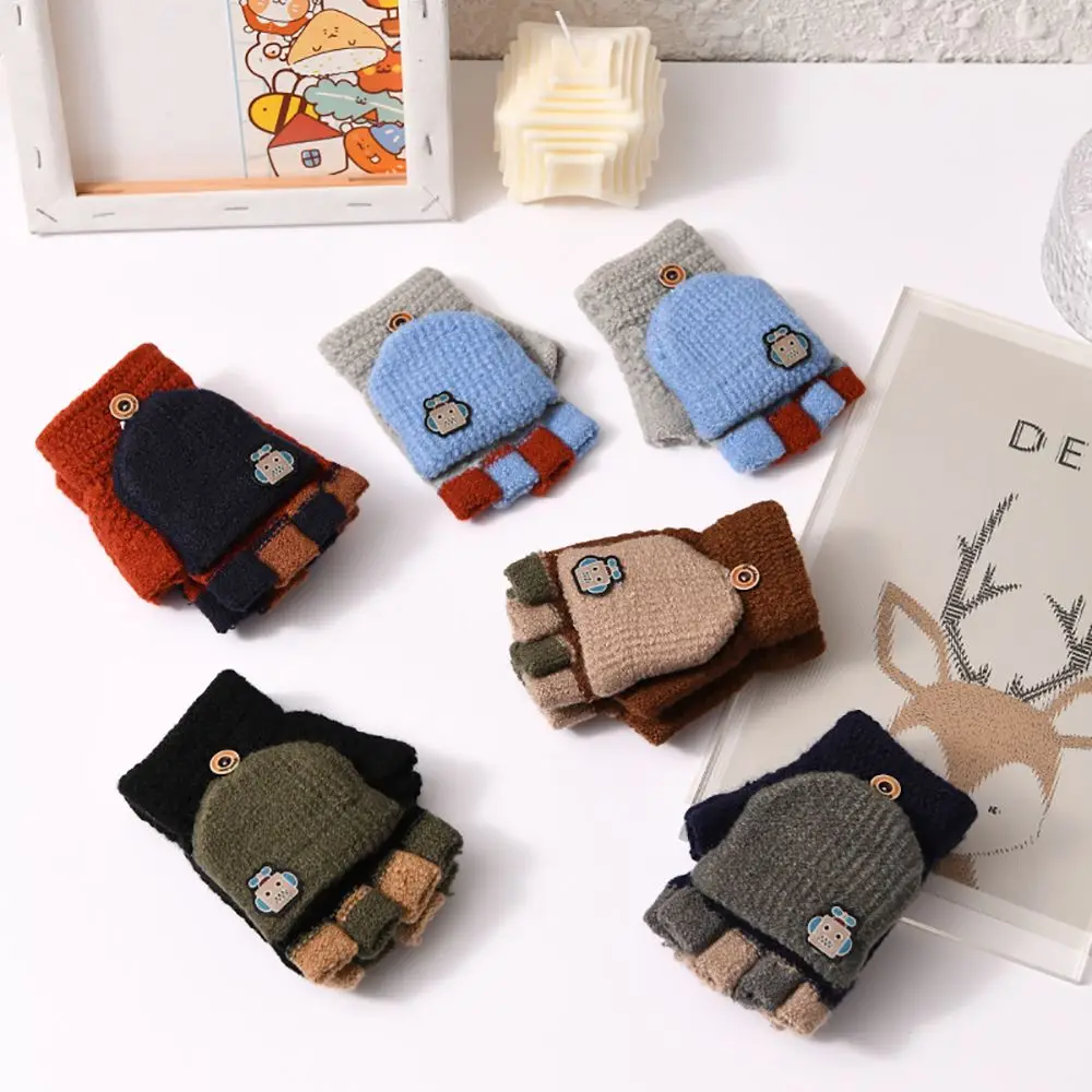 

Зимние Детские теплые перчатки От 7 до 15 лет, детские вязаные Стрейчевые варежки, лоскутные эластичные детские перчатки с полупальцами для м...