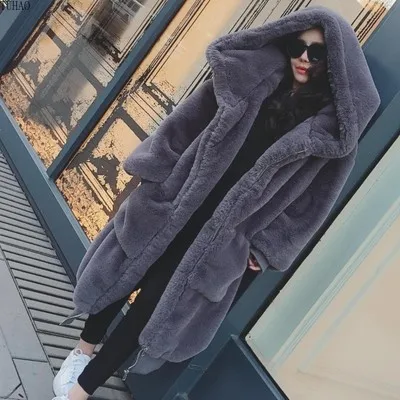 Faux Rex Rabbit Fur Coat Thick Hooded Pockets Long Faux Fur Outerwear Female Clothes Long Coat Woman TFUR10