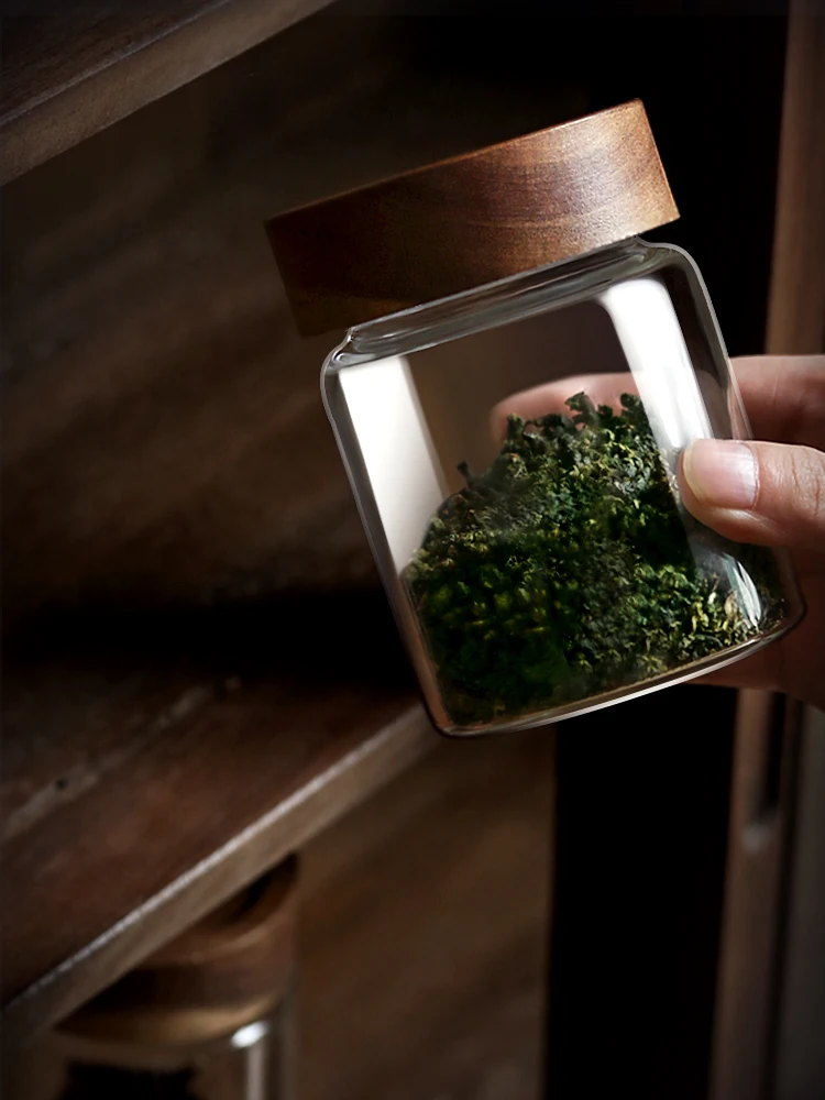 

Glass Sealed Can Tea Jar Household Coffee Storage Bean Jar Solid Wood Lid Snack Storage Jar Kitchen Storage Jar