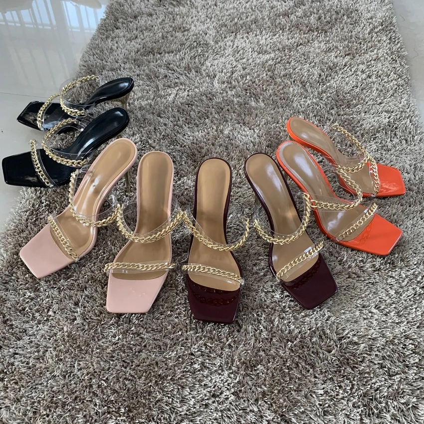 

10.5CM Women's PVC High Heel Slippers Summer Sandals Fashion Chain Design Slip On Square Toe Slides Women Mules Party Pumps