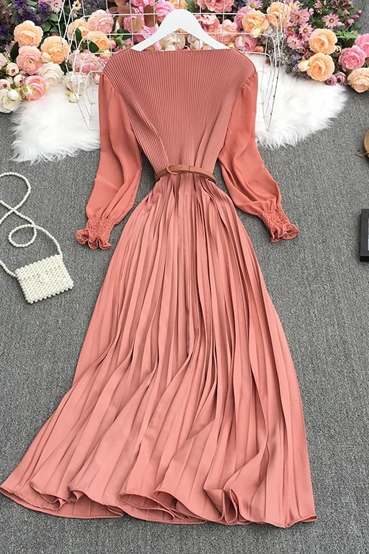 

2021 New Spring Autumn Temperament All-match O-neck puff sleeve Dress waist slim solid Pleated Dress