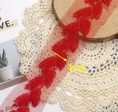 Red 90cm long Расшитая бисером и блестками кружевная лента с листьями для шитья одежды, кружевная ткань для юбки, свадебное платье «сделай сам» на декольте, аксессуары - Цвет: Red 90cm long