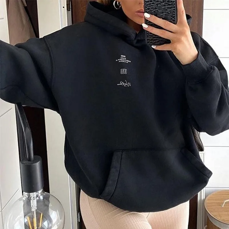 

Black Letter Print Vintage Casual Hooded Sweatshirt Women Autumn New Long Sleeve Pocket Sports Boyfriend Plus Size Hoodies Tops