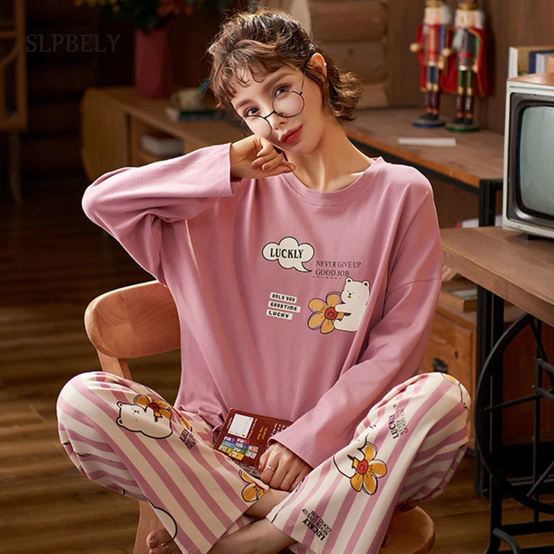 

SLPBELY пижамные комплекты для женщин милая Пижама с медведем хлопковая короткая Домашняя одежда ночная рубашка повседневная женская пижама с...