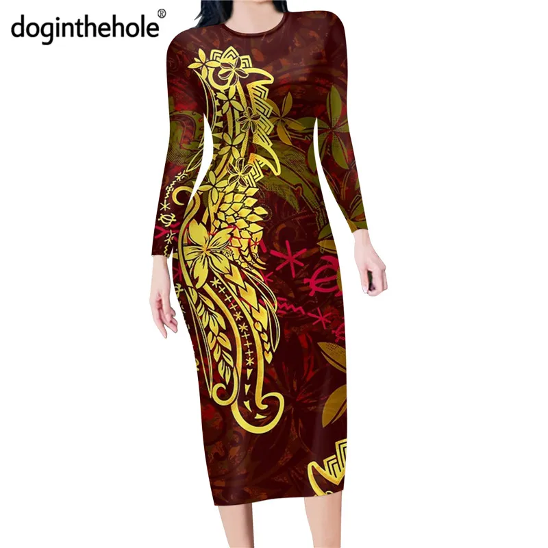 Doginthehole Orange Polynesian Tribal Pattern Women's Sexy Bodycon Midi Pencil Dress Plumeria Decor Office Lady's Slim Dresses |