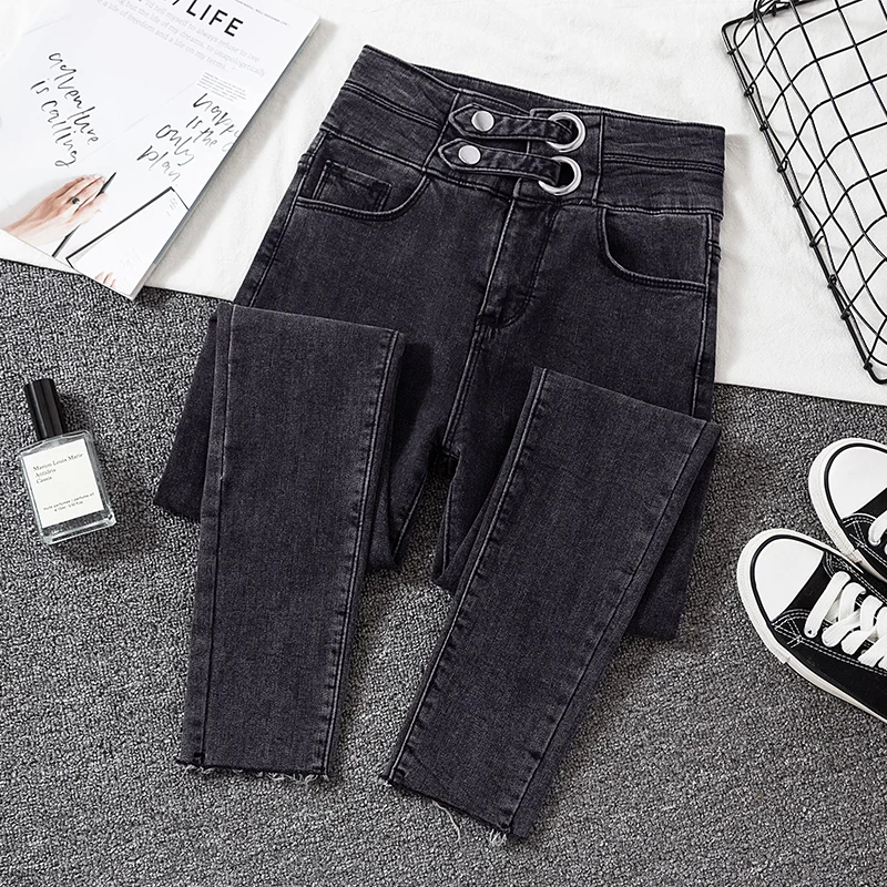 Женские джинсовые брюки карандаш с высокой талией темно синие зауженные джинсы в