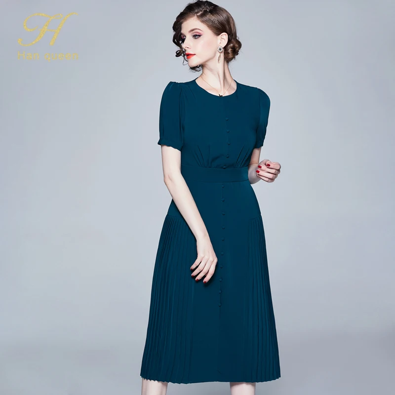 H Han queen женское осеннее подиумное складное вечернее платье vestidos дамское с круглым вырезом однобортное модное женское тонкое Повседневное платье для работы