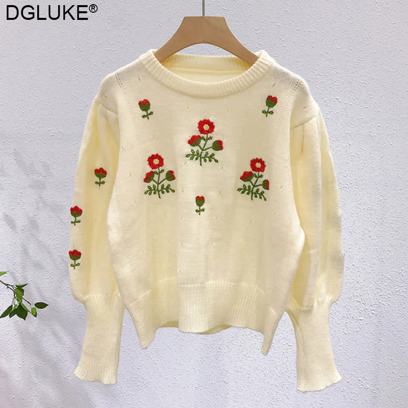 

Женский свитер с цветочной вышивкой, милый вязаный свитер с длинным рукавом, пуловер, винтажный свитер на осень и зиму, джемпер, 2021