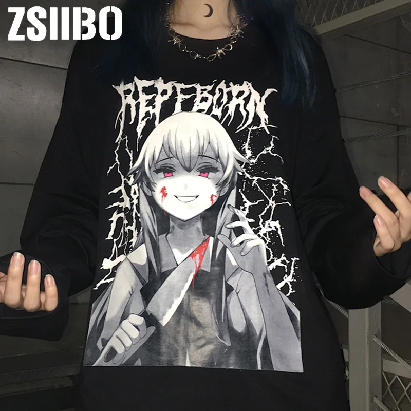 Женская готическая толстовка с круглым вырезом Ulzzang Tumblr Kawaii Повседневная
