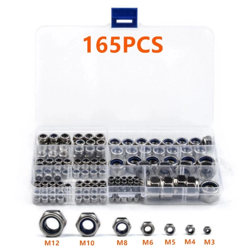 

165PCS M3 M4 M5 M6 M8 M10 M12 DIN985 Nut Set Hexagonal Nylon Lock Nut Self-locking Screw Cap Locking Nut Set
