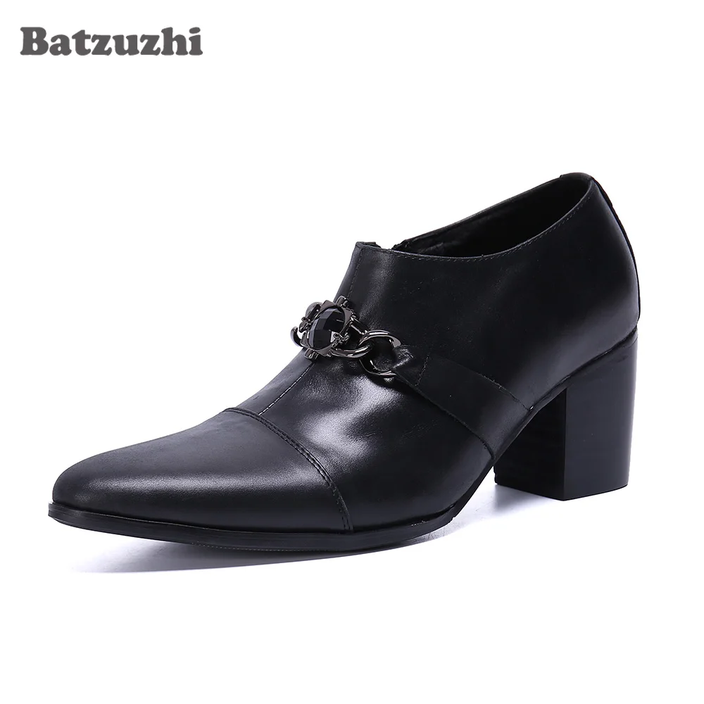 

Batzuzhi Soft Leather Ankle Men Boots 7cm High Heels Fashion Party Boot Men Pointed Toe Slip on Business Bota Masculina! US6-12