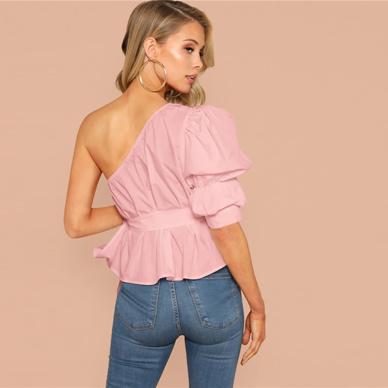 SHEIN Однотонный Топ На Одно Плечо С Пышными Рукавами И Поясом Женская Летняя Белая Элегантная Блузка С Средним Рукавом