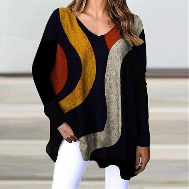 

Fashion Geometric Print Irregular Blouse Shirt Women Elegant V Neck Tops Ladies Casual Long Sleeve Loose Plus Size Shirt Blusas