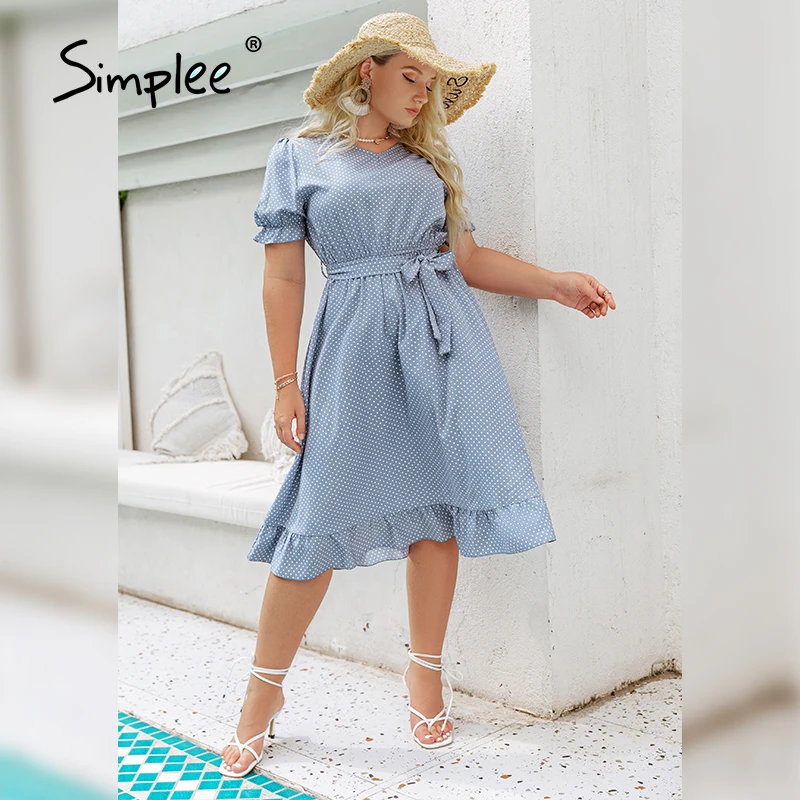 

Simplee Vintage plus size polka dot A-line ruffled women dress summer Puff sleeve lace up dresses Female high waist sash vestido