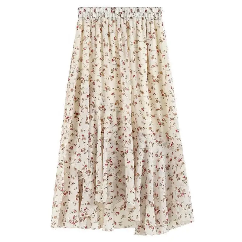 

Юбка женская трапециевидная средней длины с цветочным принтом и поясом на резинке