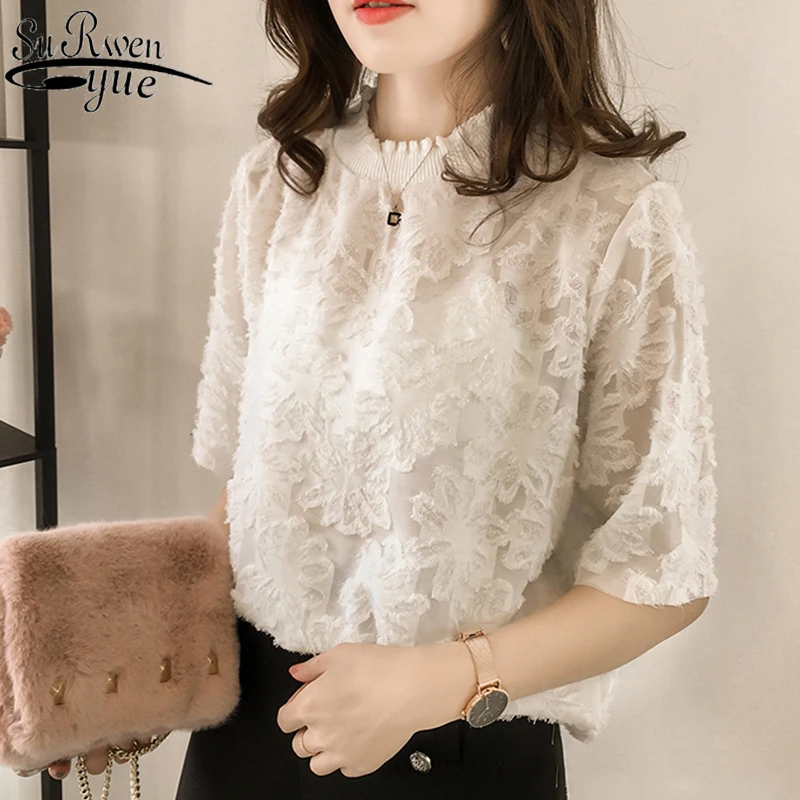 

Модная женская блузка, Корейская версия, кружевная шифоновая рубашка с коротким рукавом, свободная однотонная блузка, 9308 50