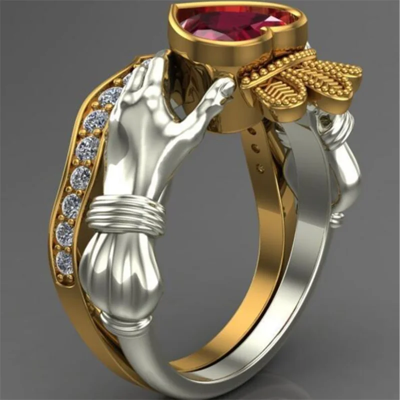 

Double set ring ring fashion popular women's wedding holding red zircon heart-shaped crown wholesale jewelry wholesale