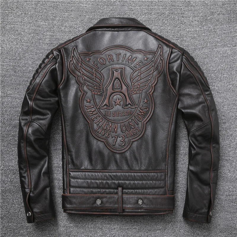 

Ooblique New Zipper Vintage Brown Style Genuine Leather Jacket Men's Really Natural Cowhide Motorcycle Style Slim Jackets Coat