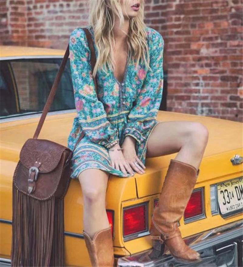 Boho королев для женщин зеленый цветочный принт длинное пляжное богемное женское