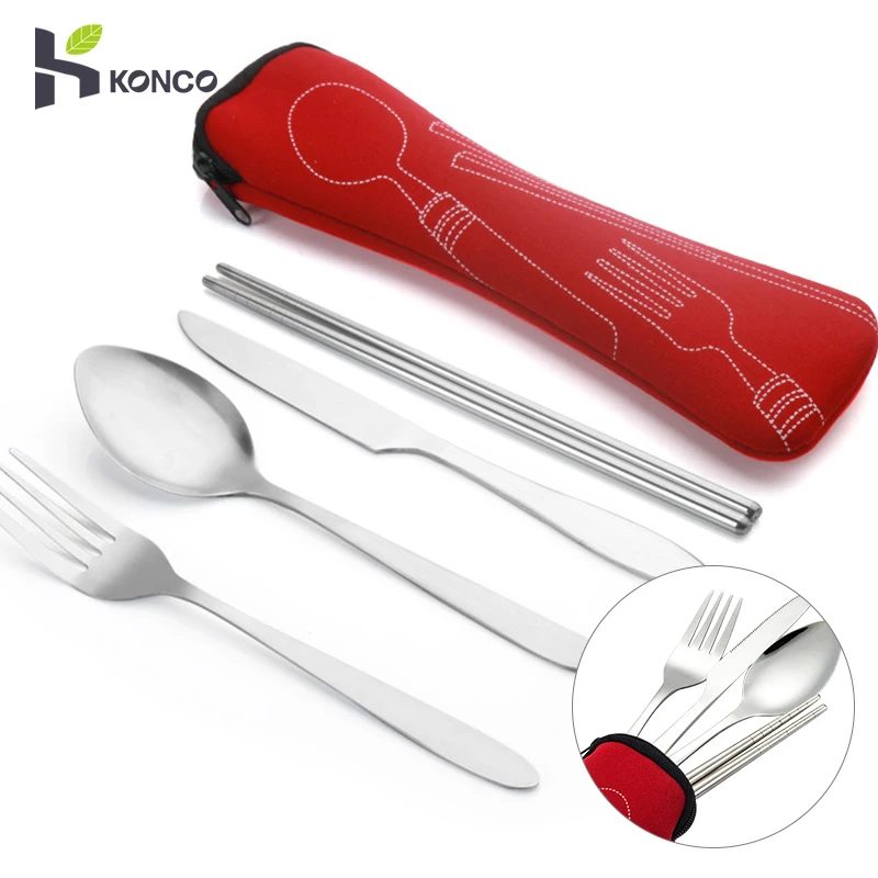 

Konco Stainless Steel Bento Box Cutlery set Portable Lunch Dinnerware Kit Knife Fork Spoon Chopsticks Travel Picnic Cutlery