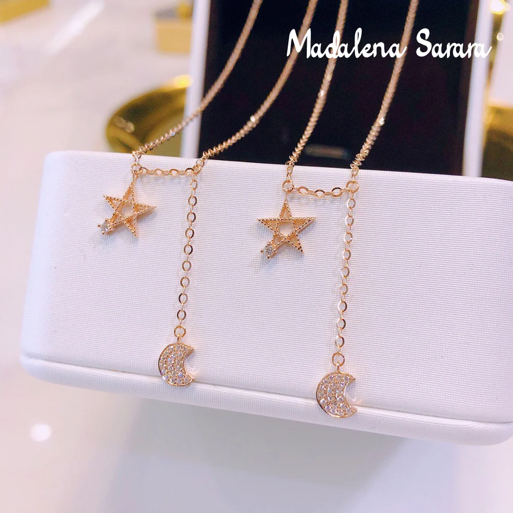 barato Madalena Sarara Puro Ouro 18k Estrela Lua Pingente Diamante Embutido Au750 Corrente De Ouro Puro Colar Estilo Coreano