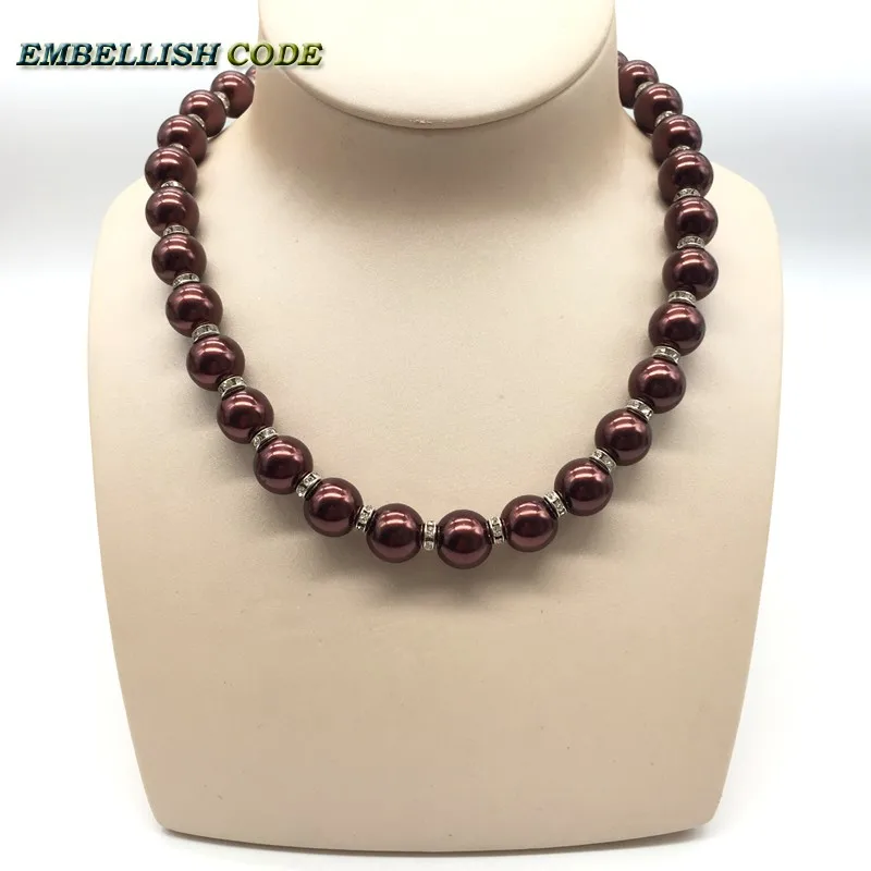 

brown coffee color 12mm sea Shell Pearls mother necklace perfect round like ball shape Crystal beads classic style For women