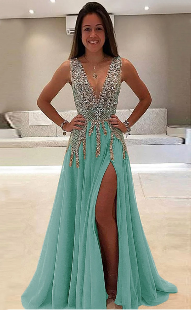 Бисерные Длинные Выпускные платья Роскошные Vestidos De Gala сексуальные с открытой спиной v-образным вырезом тюлевые вечерние строгие вечерние платья вечерние для женщин - Цвет: Tifany