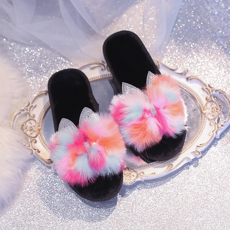 Women 2021 New Autumn and Winter Outdoor String Bead Fuzzy Slippers Female Warm Fur Slipper Ladies Soft Plush House Flip Flops images - 6