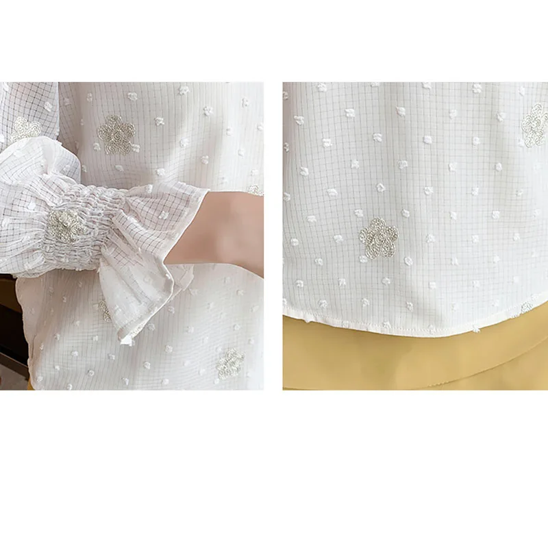 Блузка женская с длинным рукавом шифоновая рубашка цветочной вышивкой и бантом в