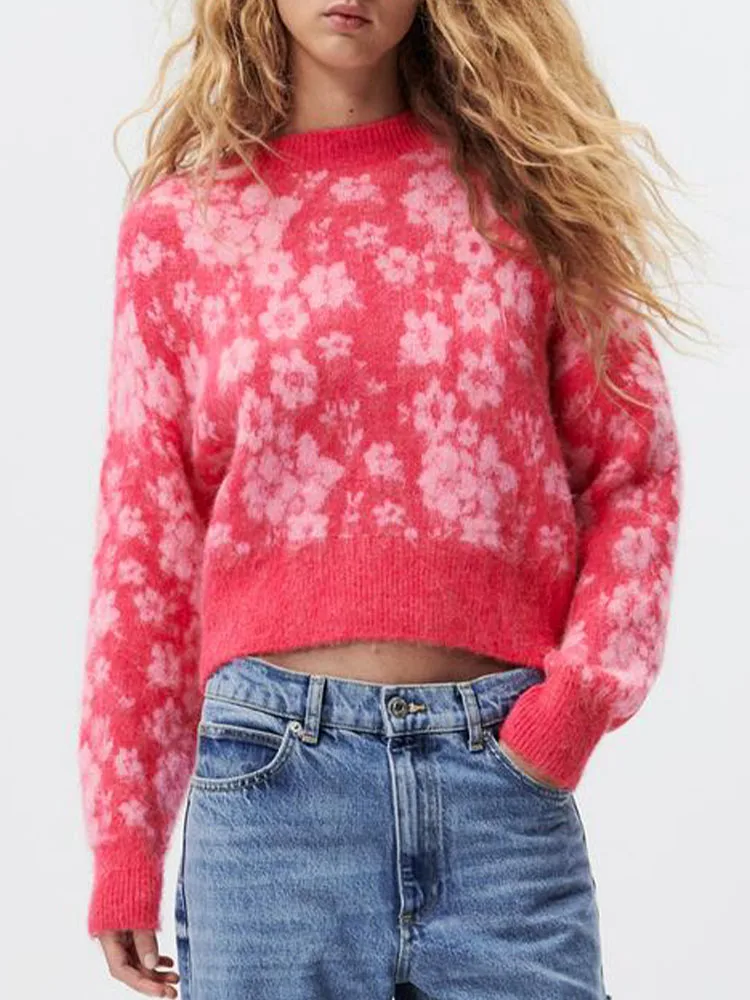 

ZA autumn new short knit sweater temperament sweet girly style flower jacquard round neck pullover women's clothing