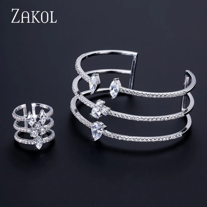 ZAKOL, Новое поступление, круглая форма, изысканные микро браслеты-манжеты, браслет и Открытое кольцо, набор для женщин, мужская бижутерия, FSSP394 - Окраска металла: Set Sliver