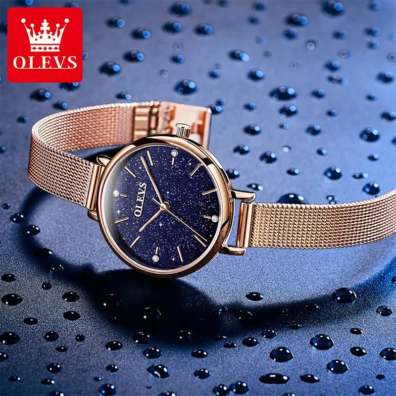OLEVS Luxury Fashion Womens Blue Starry Dial Quartz Watches Simple Rose Gold Mesh Strap Watch For Women Relogio Feminino 6894