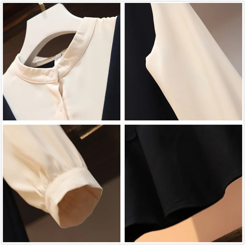 

4XL Plus Size Women Korean Casual Dresses Spring 2021 Fashion Long Sleeve Shirt Patchwork Fake Two Piece Loose Ruffle Dress