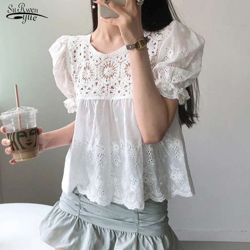 

Blusas 2022 Summer Korea Lace Blouse Women Embroidery Stitching Short Sleeve Office Floral Hollow Out O-Neck Shirts Women 14726