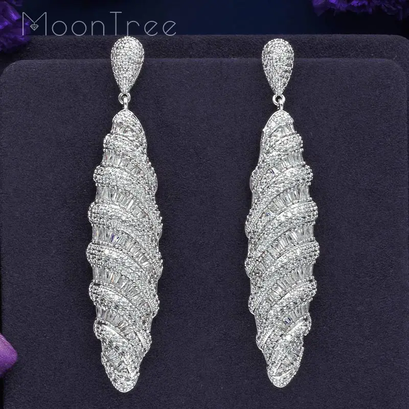 Silver color MoonTree 77 мм класса люкс в форме капли с микро проложить кубический циркон серебряный Цвет Дубай Свадебные Медь бижутерия; серьги-подвески кулоны - Окраска металла: Silver color