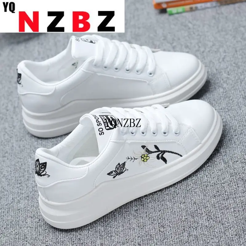 

Кроссовки женские с вышивкой, повседневная обувь, дышащие, на шнуровке, белые, весна