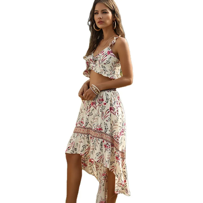 

2021 spring and summer new fast selling hot beach vacation Top + skirt Bohemian women's two piece set