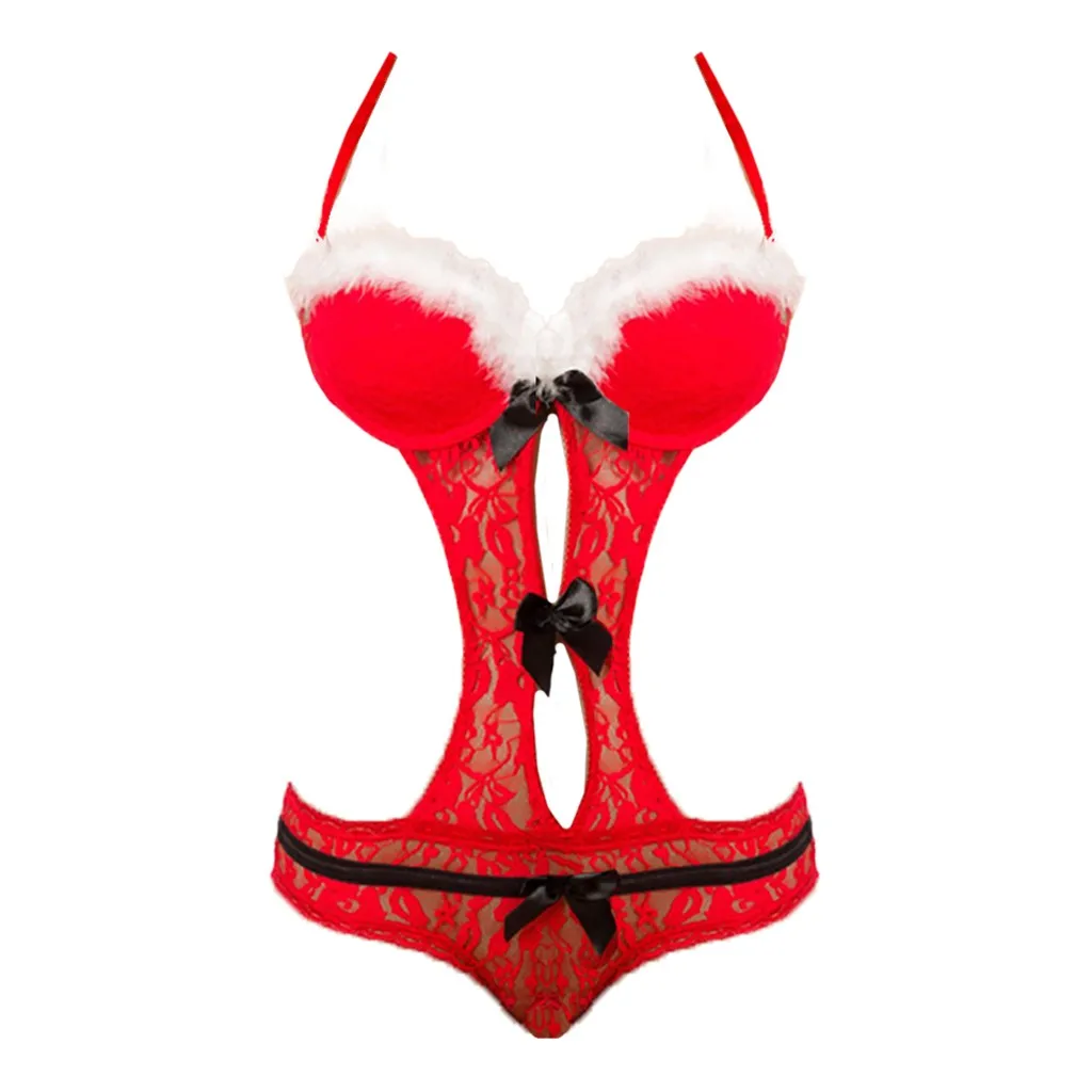 

2021 NEW Delicate Women Casual Sexy Christmas Festival Bowknot Backless Wireless Bodysuit Lace Lingerie Comfortable Underwear