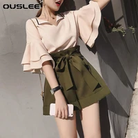 ouslee women sets chiffon v neck flare sleeve lace up buttons high waist casual elegant stylish 2 piece sets korean