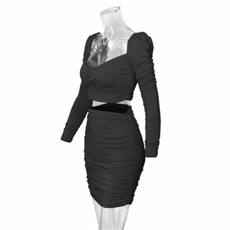 

2021 Autumn Winter Women Fashion Club Women Matching Sets Long Sleeve Sexy Party Skinny V Neck Top And Skirts 2 Piece Outfits