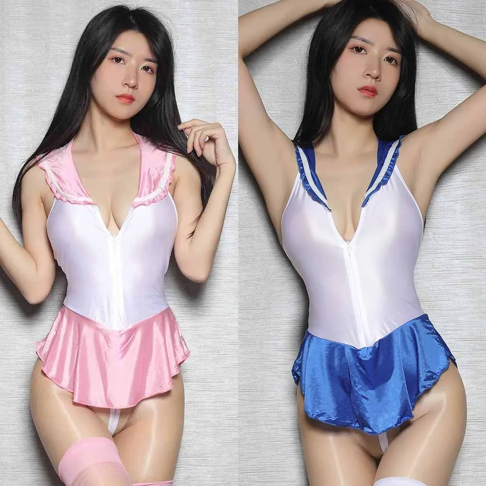 

Japanese School Uniform Women Sexy High Cut Oil Shiny Zipper Bodysuit Leotard High Stockings Clubwear Cosplay Erotic Lingeire